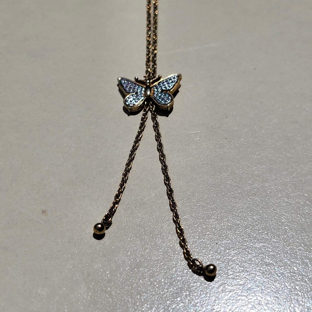Vintage Avon Gold Tone Butterfly Lariat Necklace Blue White Adjustable Slide - Picture 10 of 10